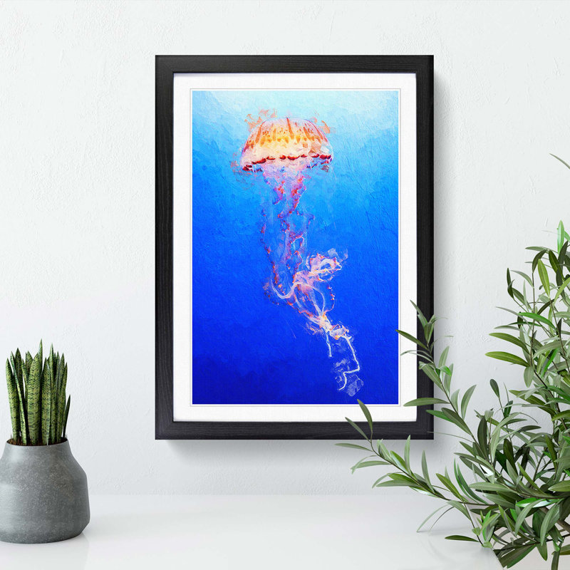 Orange Jellyfish in Abstract - Picture Frame Painting Print, 48cm H x 36cm W x 2cm D, Black Framed