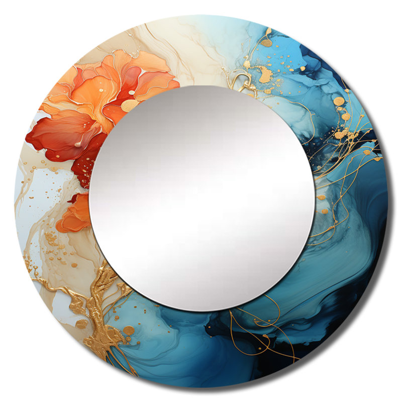 Sereby Orange Teal Abstract Fractal - Fractals Wall Mirror, Orange Round Decorative Mirror, Printed Metal Art, 23" x 23"