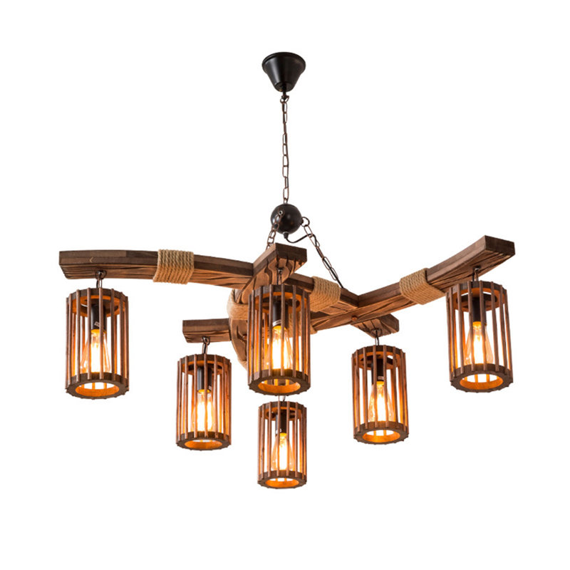 Lustre rétro en bois 6 lumières à hauteur réglable 6 lumières