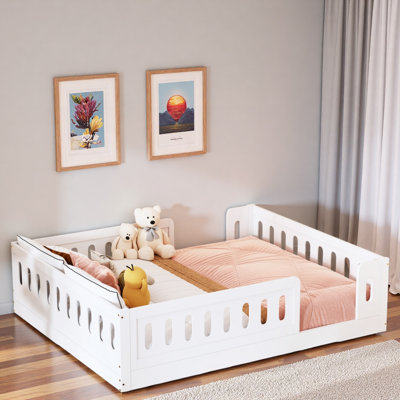 Wood Platform Bed With Guardrail And Sturdy Construction