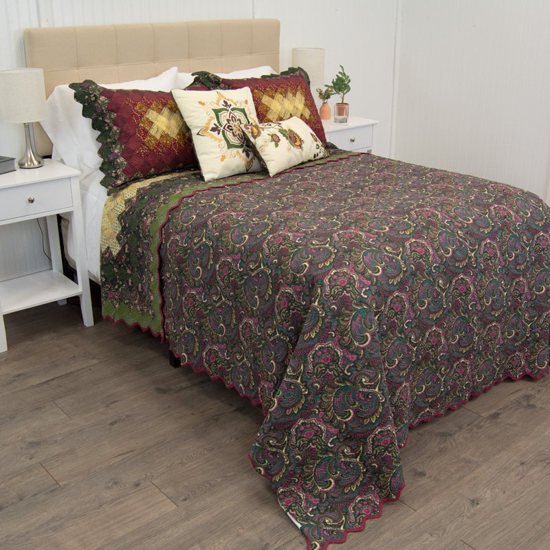King Reversible Cotton Patchwork Quilt in Purple and Sage