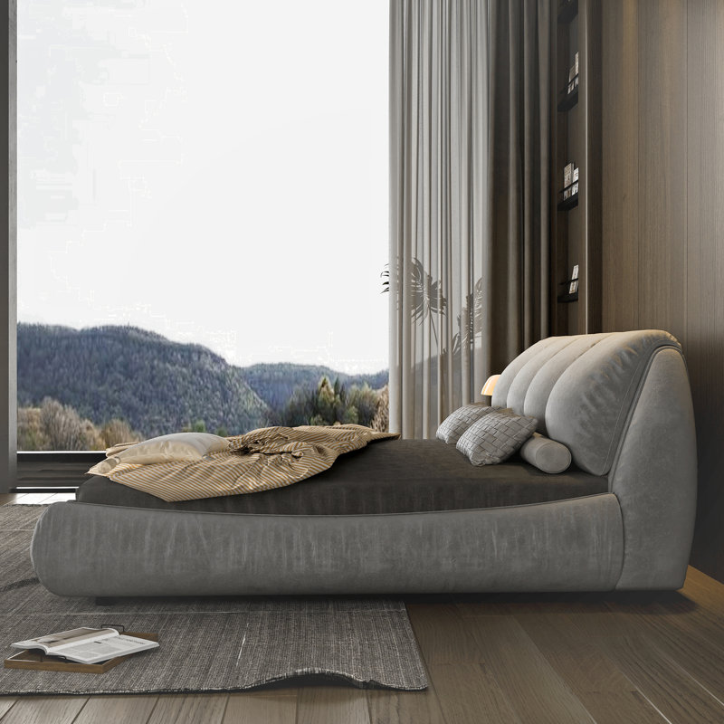 Très grand lit tapissier gris avec système de lattes en bois massif et plateforme moderne confortable, Gris, Très grand lit
