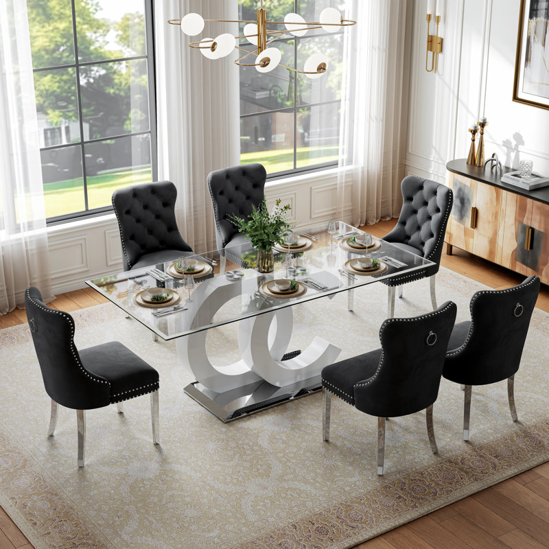 7-Piece Glass Dining Table Set, 70“ Clear Tempered Glass Table with OC-Shaped Base and 6 Tufted Velvet Dining Chairs