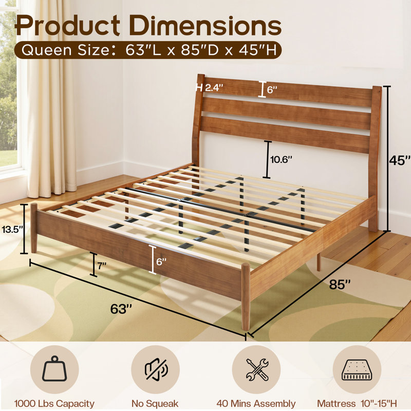 Mid-Century Modern Solid Wood Platform Queen Bed With Reclining Slatted Headboard, Light Brown, Queen, Light Brown