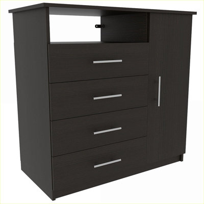Ensemble de chambre à coucher, commode 3 pièces moderne noire à 4 tiroirs + 2 tables de chevet, prête à assembler pour le rangement de la chambre à coucher | Noir | Panneau de particules