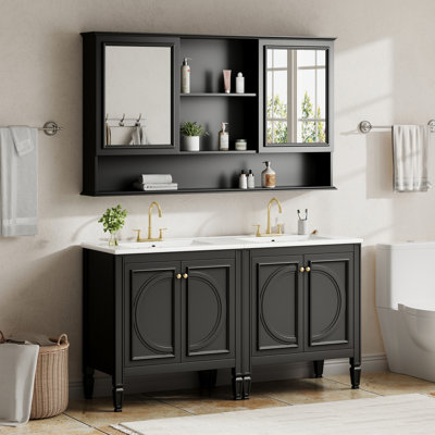 Ensemble de meuble-lavabo à double cuve 60 "avec armoire à pharmacie murale assortie, portes à panneau rond surélevé rétro et pieds fuselés, charnières à fermeture douce, tablettes de rangement réglables, noir