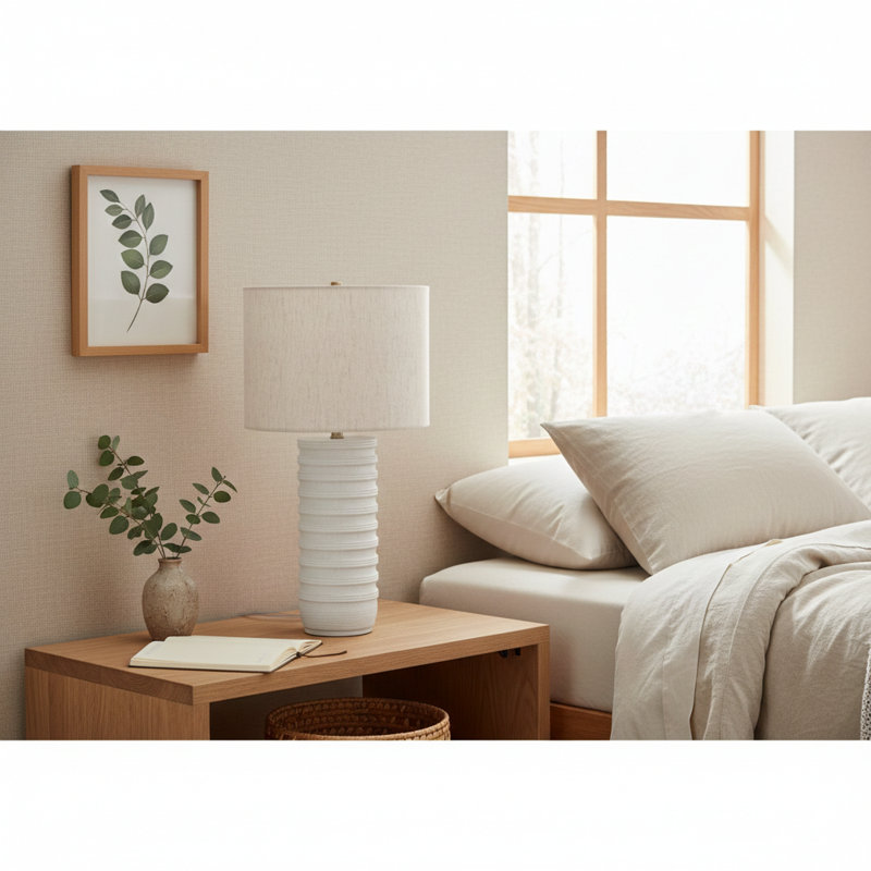Lighting, H 28 po, lampe de table, résine crème, abat-jour ivoire / crème, transitionnel