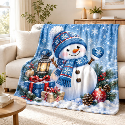 Festive Snowman Print Plush Throw Blanket, Cozy Winter Fleece Bed Blanket for Sofa Couch Bedroom Living Room Holiday Home Decor