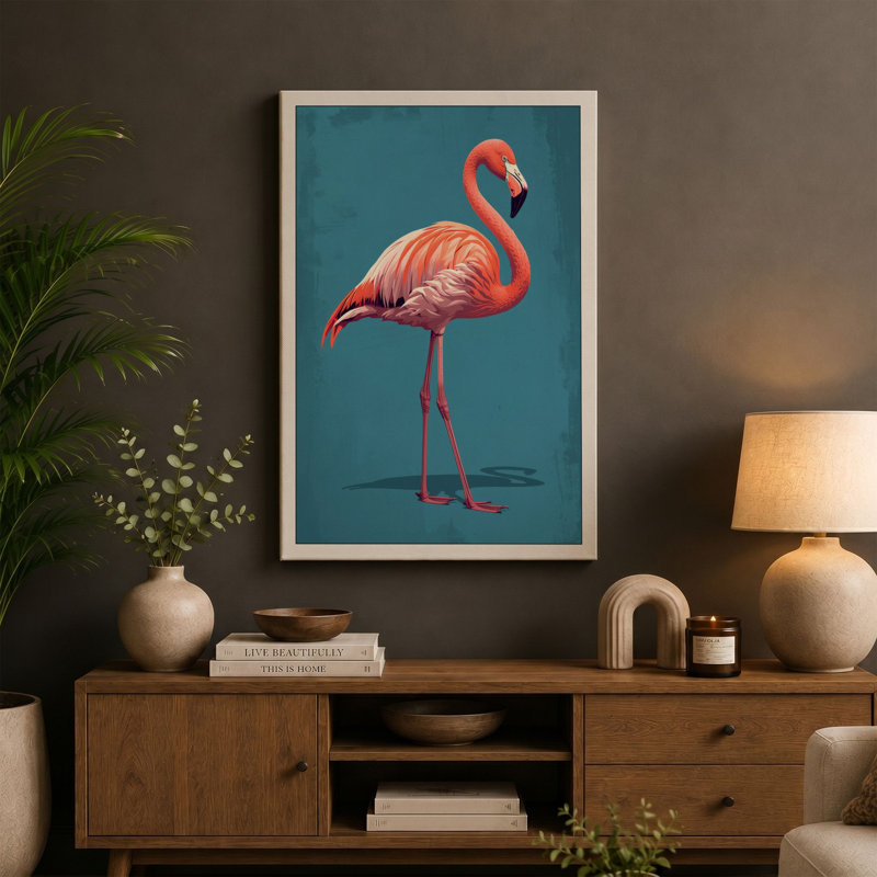 Graceful Flamingo Minimalist - Wrapped Canvas, 30x20 - 76.2 x 50.8 cm, Sage Border