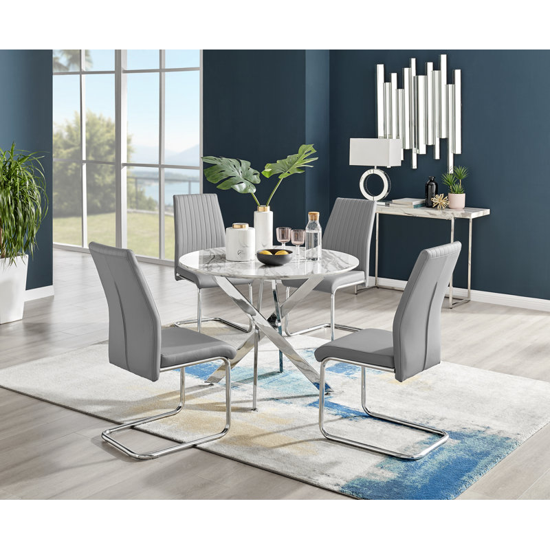 Tierra Modern Chrome Metal & Veneer Round Dining Table Set with 4 Upholstered Faux Leather Chairs, 75cm H x 100cm W x 100cm L