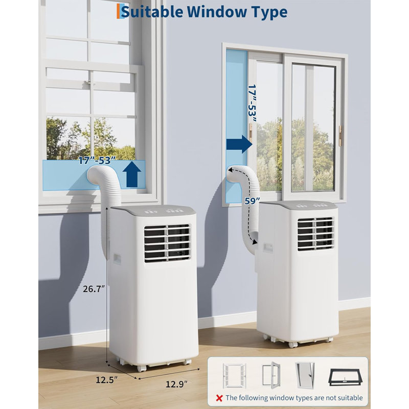 Climatiseurs portatifs Climatiseur portatif 8 000 BTU avec télécommande sans refroidissement 24H Minuterie 4 modes Climatiseur silencieux pour bureau de chambre à coucher Ensemble de fenêtre inclus Gris