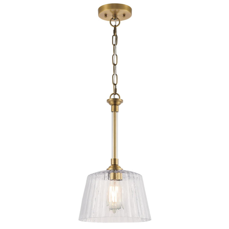 Luminaire suspendu d'intérieur à une lumière Aggie, laiton brossé avec abat-jour en verre nervuré transparent