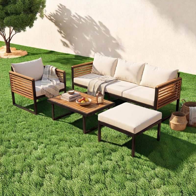 Ensemble de conversation d'extérieur 4 pièces en bois d'acacia et métal avec table basse, fauteuil club et repose-pieds