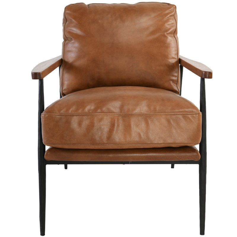 Transitional Handcrafted Tan Leather Accent Chair with Metal Legs