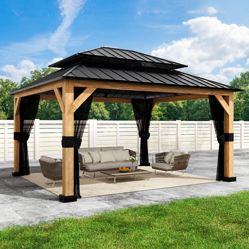 13 Ft. W X 11 Ft. D Solid Wood Outdoor Steel Hardtop Outdoor Gazebo with Tiered Roof, Cedar Framed Gazebo with Mosquito Netting