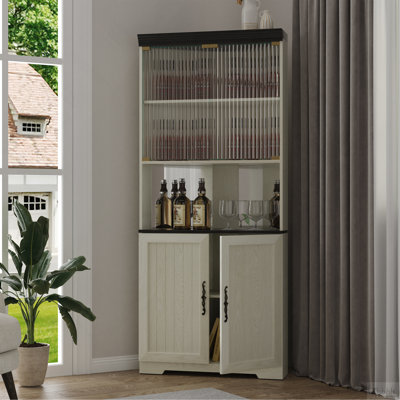 Armoire de rangement autoportante de 70,86 po (180 cm) de hauteur, armoire à vin 5 niveaux avec portes en verre trempé, dossier en miroir, tablettes réglables pour la cuisine du salon, vitrine moderne en bois