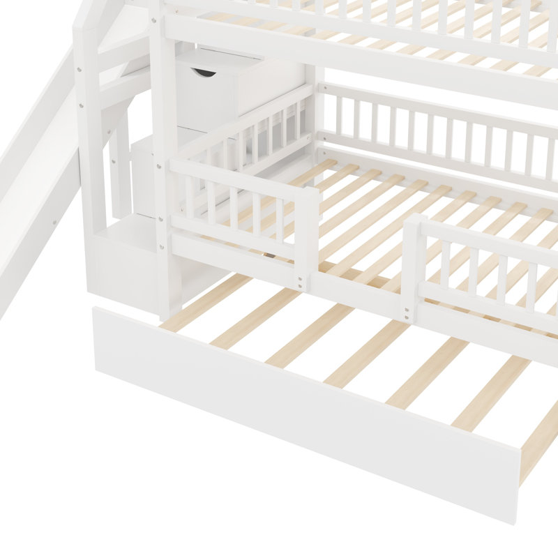Lit superposé en bois massif avec marches de rangement, centre de table de jeu avec garde-corps de sécurité, Blanc