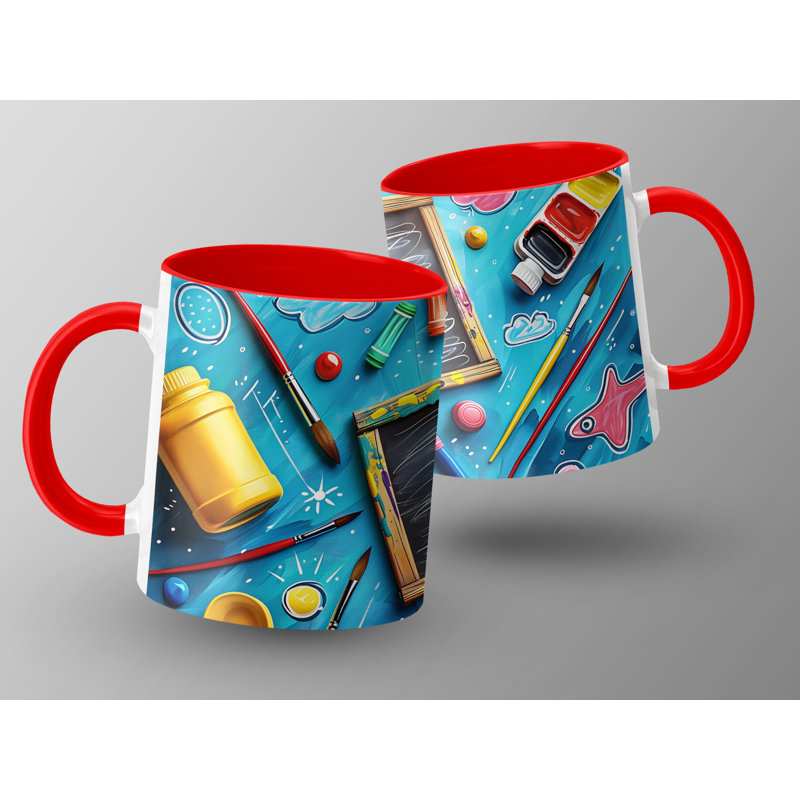 Kids Drawing Style 11oz Accent Mugs – Ceramic Coffee Cup with a Red Handle and Interior