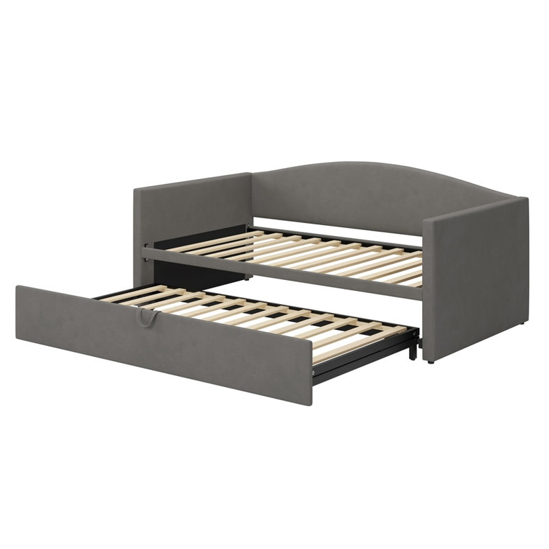 Space-Saving Twin Size Upholstered Daybed with Extended Pop-Up Trundle, Twin-to-King Convertible Sofa Bed for Guest Room