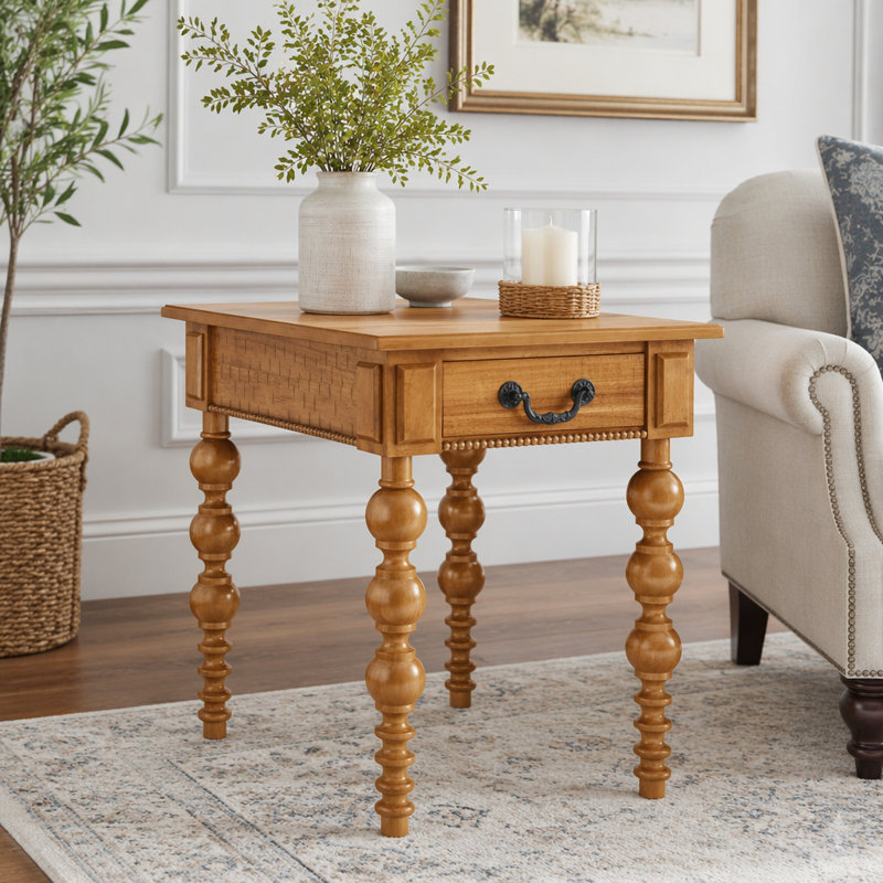 Solid Wood End Table with Drawer, Natural