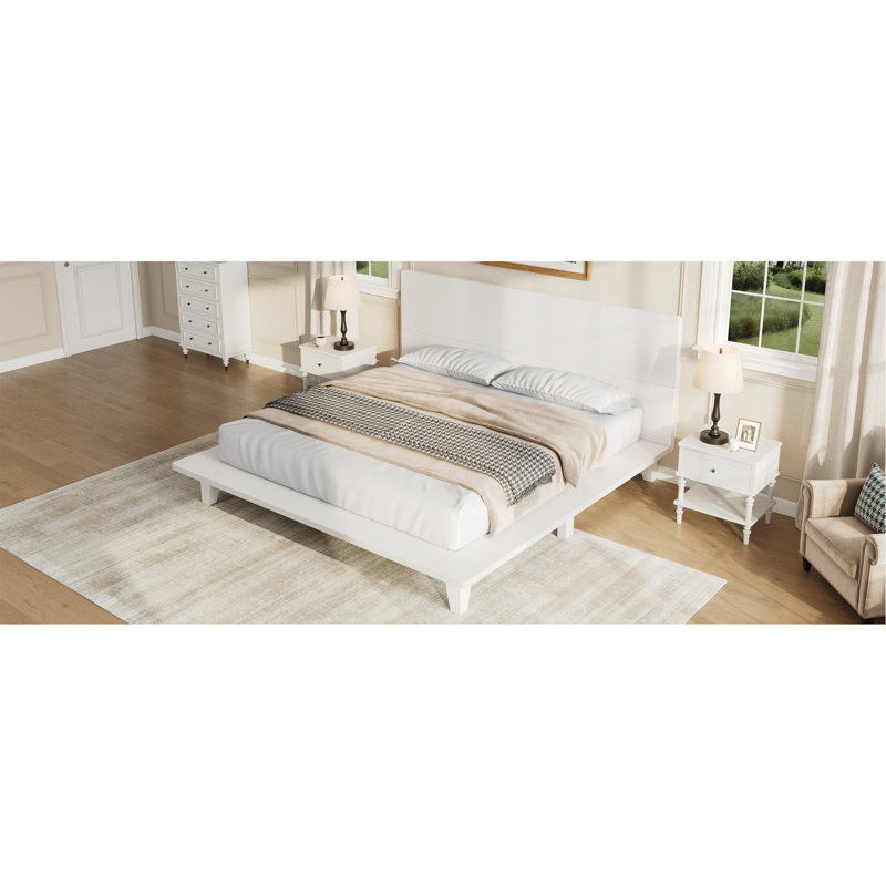 Base de lit plateforme avec tête de lit, support à lattes de bois, très grand, blanc, Brown, King