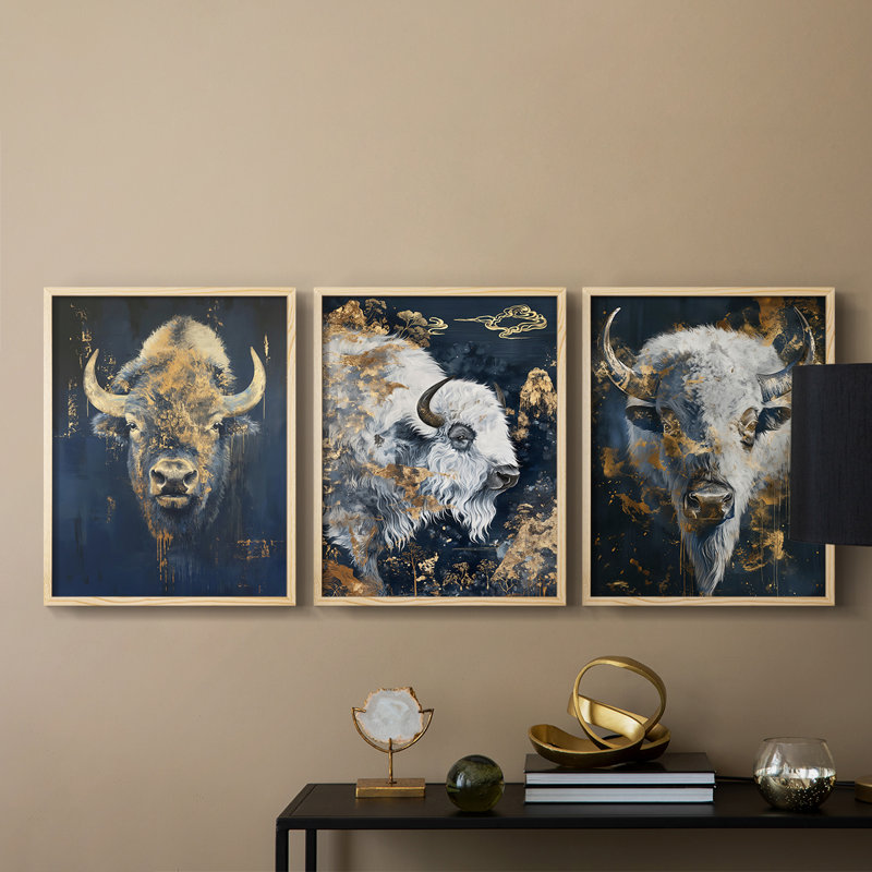Buffalo Series XLIX - ensemble de 3 estampes numériques encadrées - prêt à être accroché, Encadré naturel, H 20 po x l 16 po