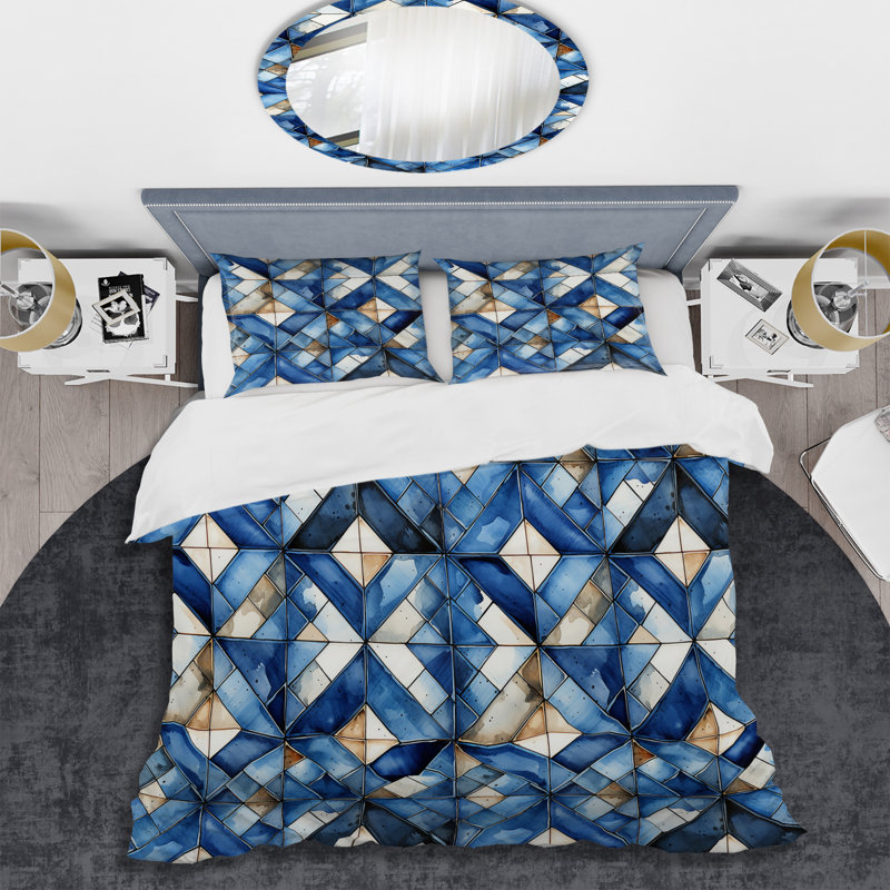 Rustic Cobalt Lattices Elegance Geometric Shapes Duvet Cover, King Duvet Cover + 2 King Shams