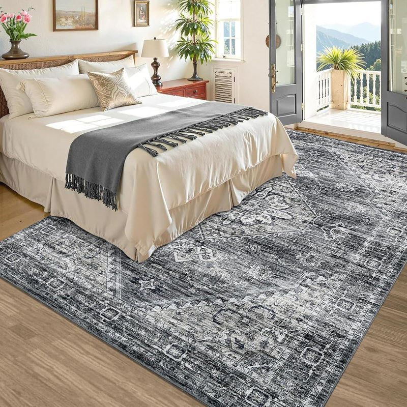 Washable Rugs Area Rugs for Living Room, Vintage Blue Floral Bedroom Rugs Indoor Accent Large Carpet Table Soft Non Slip Retro Floor Cover