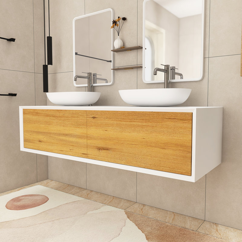 63 In. W X 21.7 In. D X 15.7 In. H Double Sinks Wall Mounted Bath Vanity In F.Oak With White Solid Surface Top