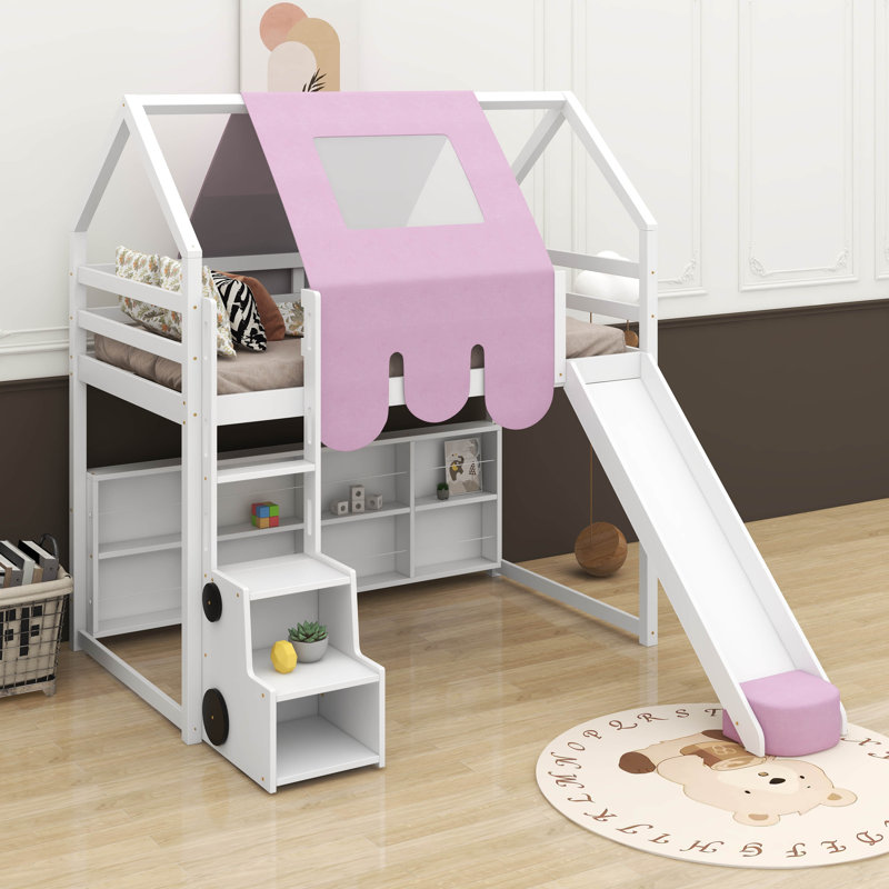Lit mezzanine simple en bois avec tente, Blanc / rose