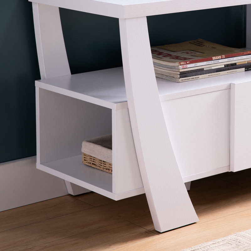 Meuble télé contemporain blanc - quatre tablettes et un tiroir, pouvant supporter jusqu'à 100 lb, 2 tablettes, 1 tiroir avec glissières fiables, tablette latérale, panneau de particules blanc pouvant accueillir de manière fiable et précise