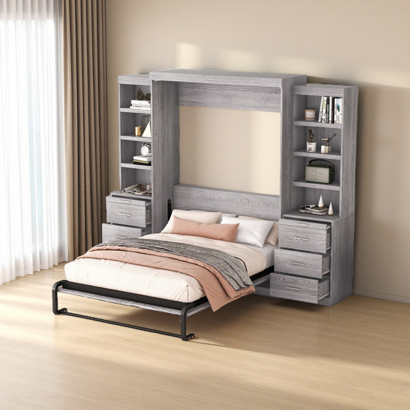 Lit escamotable avec tablettes et tiroirs de rangement