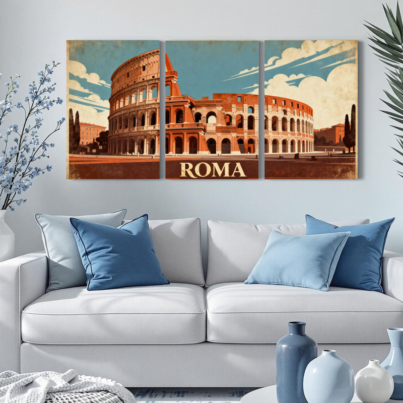 Ensemble de 3 affiches de voyage vintage du Colisée de Rome, imprimées sur toile., H 30 po x l 60 po