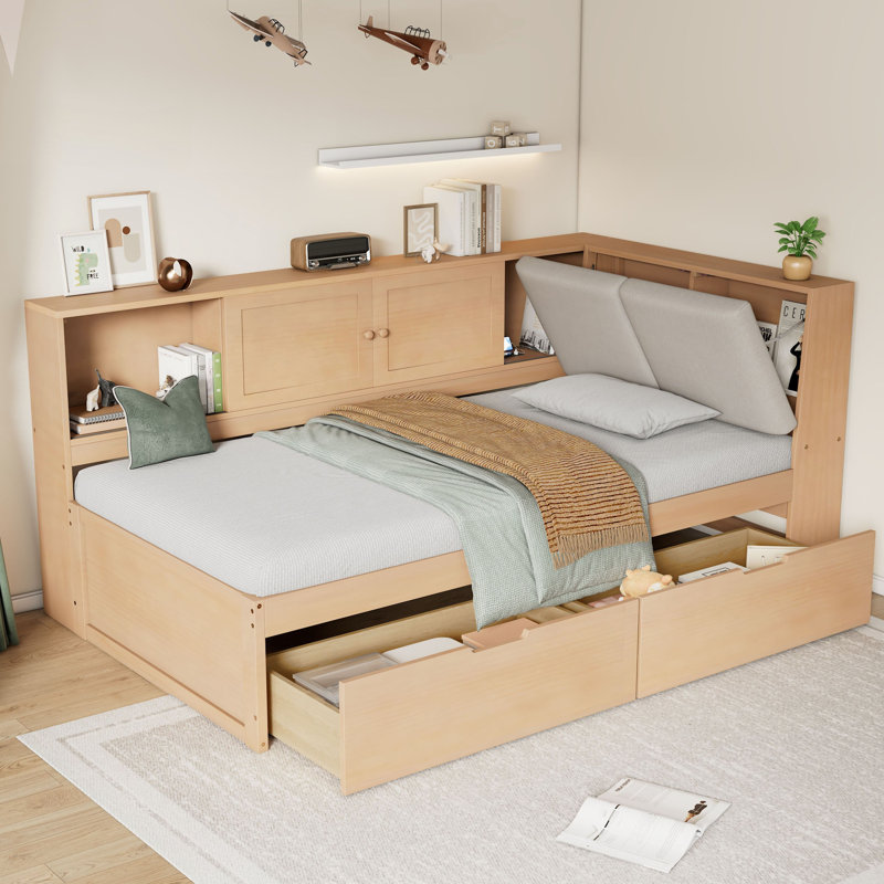 Wooden L-shaped Daybed with Storage, Bookcase, Upholstered Headboard, and USB Charging Ports for Limited Space, Full/Double