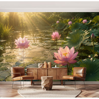 Wall Mural Peel and Stick Wallpaper Pink Lotus Flowers Serene Pond Green Lily Pads Golden Sunlight Self-Adhesive Removable Contact Paper Wall Decor for Living Room Bedroom 69"H x 96"W