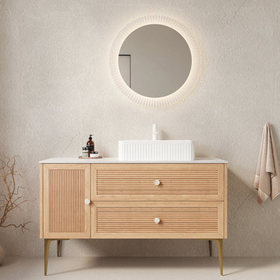 Meuble-lavabo de salle de bain avec lavabo, armoire de rangement autoportante en contreplaqué avec 4 pieds en métal, une porte et 2 tiroirs, lavabo rectangulaire en céramique blanche, sans robinet, pré-assemblé