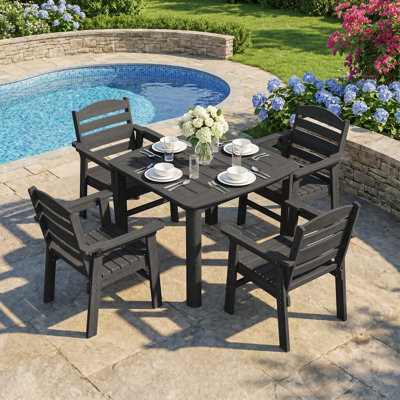 5 Piece Outdoor HDPE Dining Set, All-Weather Patio Table and Chairs W/ Umbrella Hole, Low Maintenance for Porch, Backyard