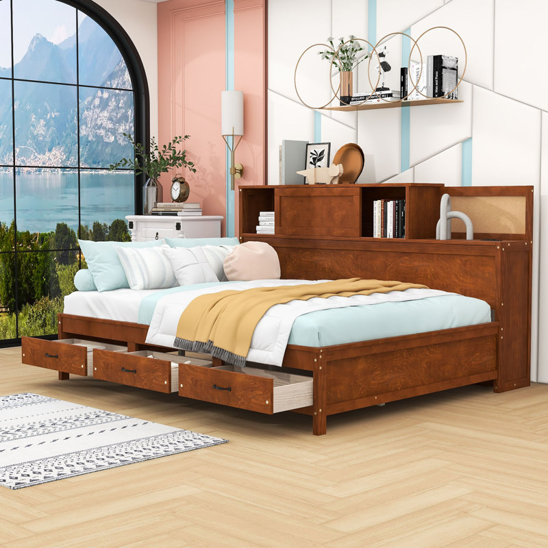 3 Drawers Wooden Daybed with Pushable Shelf, USB & Socket Charging Station, Full, Walnut