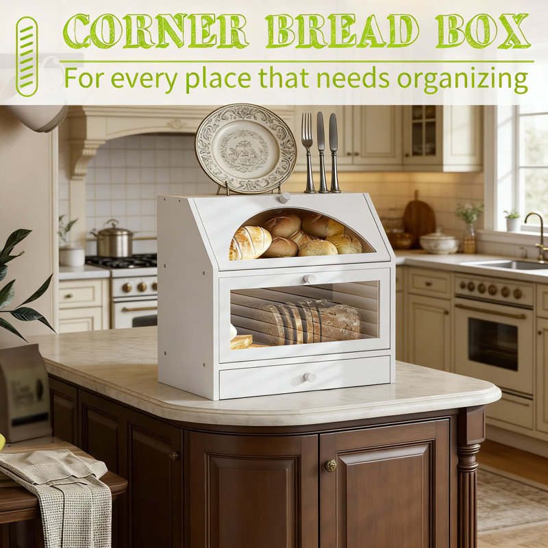 Extra Large Bamboo Bread Box For Kitchen Countertop With Double Layer Storage And Pull-Out Drawer, Transparent Door Bread Bin Organizer