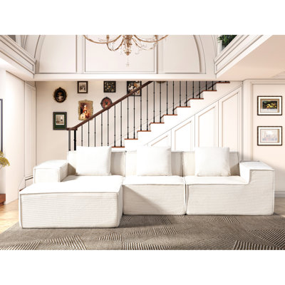 Canapé d'angle en velours côtelé jaune gingembre avec 3 coussins, montage facile, assise confortable comme un nuage, multifonctionnel et modulable, assemblage rapide, agencement spacieux.