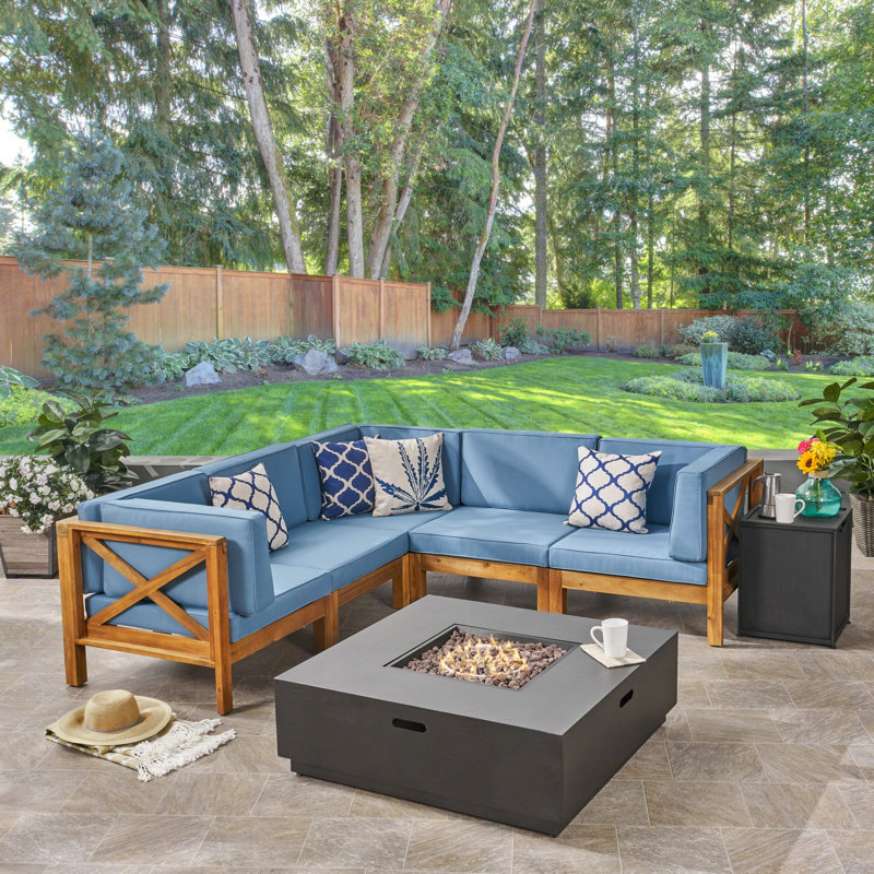 5 - Person Modular Patio Conversation Set with Cushions, Teak Frame / Blue Cushion