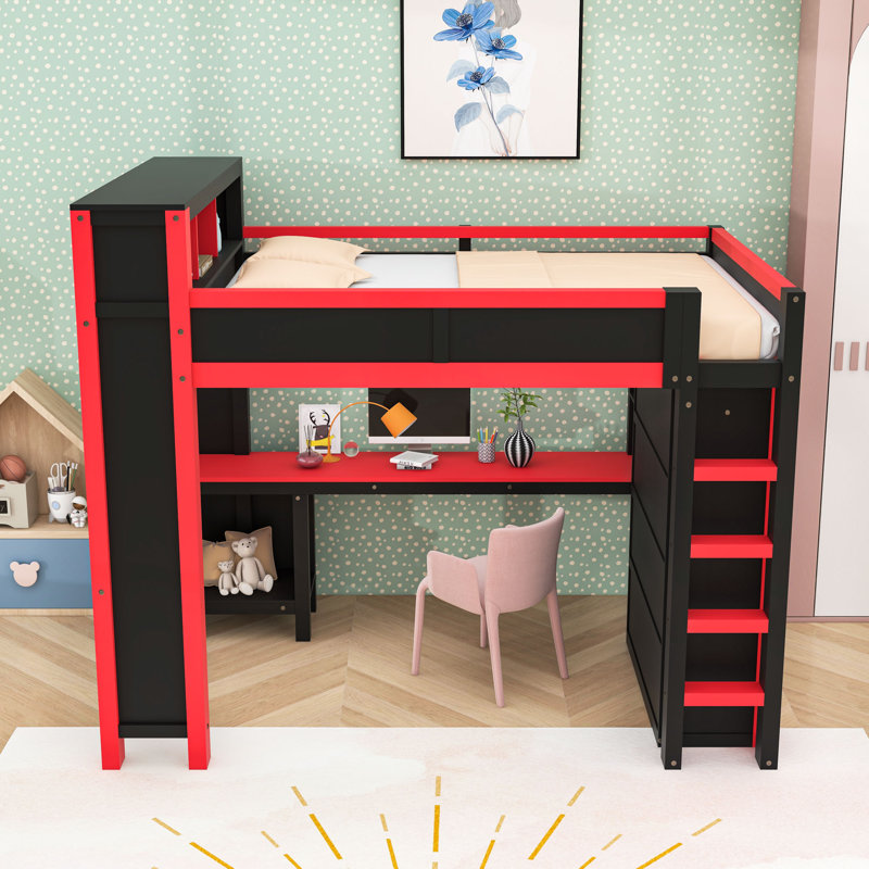 Grand lit mezzanine en bois avec bureau, garde-robe, ports USB et tablettes de rangement