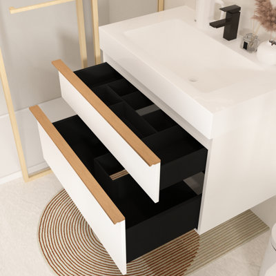 White 36 Inch Wall Mounted Modern Floating Bathroom Vanity With Integrated Acrylic Sink, Pre-assembled, 2 Soft-close Drawers, Dual-color Wood Handles, Smooth Silent Drawer Glides, Tidy Storage