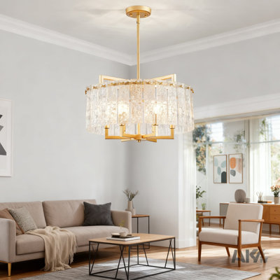 Luminaire suspendu moderne en cristal, luminaire de style luxueux avec 6 douilles E12, longueur de suspension réglable, abat-jour en verre et finition laiton pour le salon, la salle à manger et la chambre à coucher