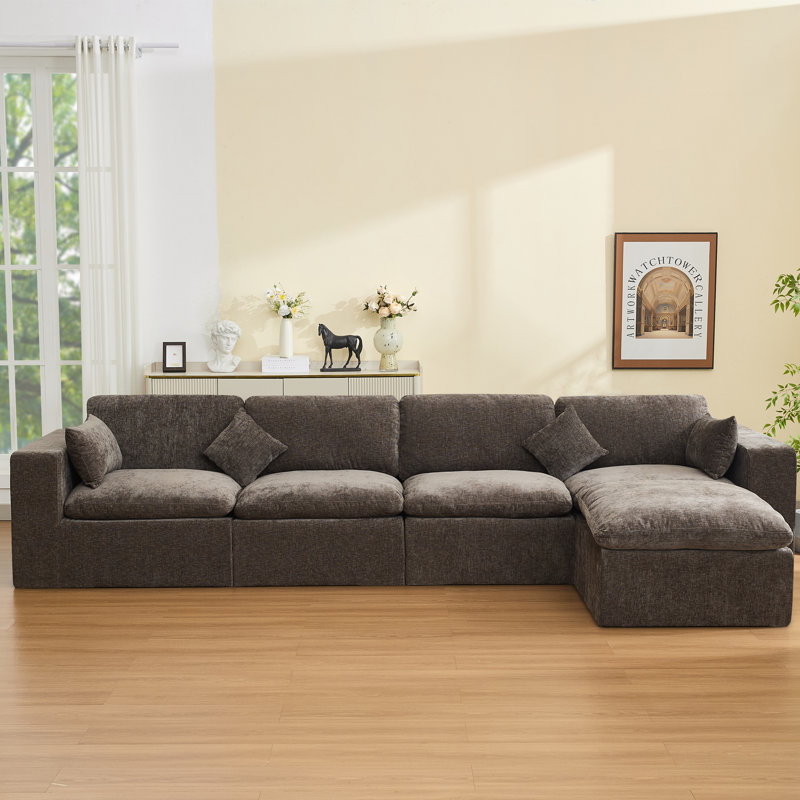 Compression Sectional Couch with Ottoman, 5, Brown Chenille