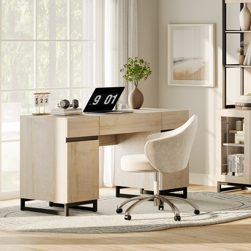 Aadam 59" Modern Executive Desk With Drawers, Home Office Computer Desk With Charging Station, File Drawer, Storage Cabinet, Wood Writing Desk For Work And Study