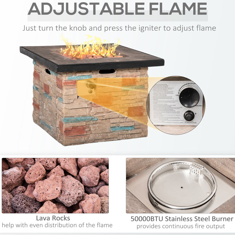 32" Outdoor Propane Gas Fire Pit Table, 50,000 Auto-Ignition, Faux Ledge Stone Pattern, Lava Rocks, Rain Cover, , Earthy Brown 32 Inch Square Enrapture,