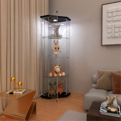 Vitrine en verre avec 4 tablettes, Pentagone, DEL, armoires pour le salon, la chambre à coucher, le bureau, bibliothèque en verre au sol noir, installation rapide