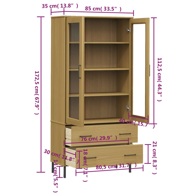 Bookshelf Book Cabinet with Metal Legs Storage Cabinet OSLO Solid Wood, Brown