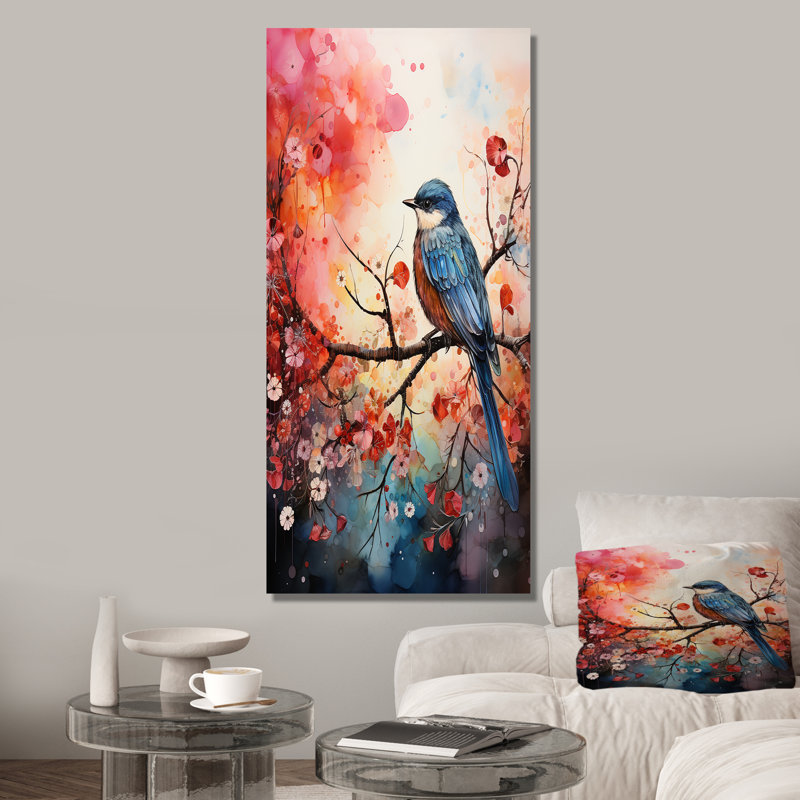 «Rose Enchanted Floral Botanicals with Blue Bird I», art mural oiseau, Cadre photo blanc, 32" H x 16" W
